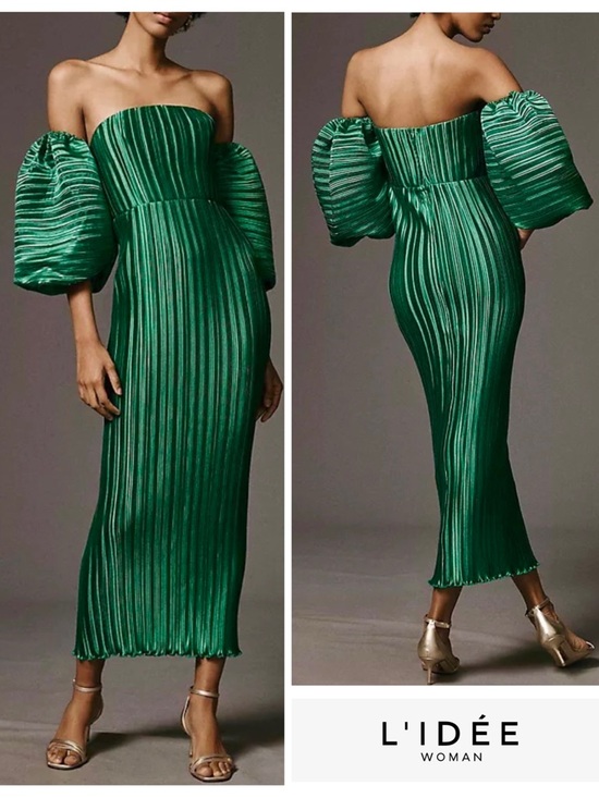 L’Idee Dresses & Skirts - L'IDEE Sirene Plissé Off-Shoulder Puff-Sleeve Column Dress Emerald Green 10 NWT